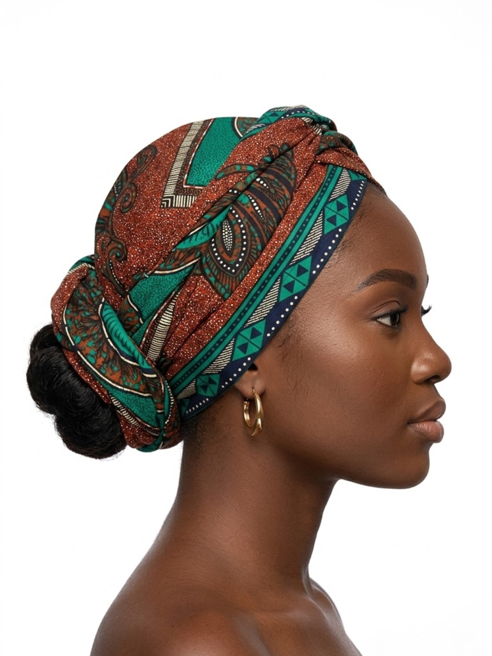 African Print Headwrap: Green & Brown Leaf Pattern